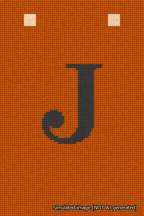 A simulated image of the stitched needlepoint design: Banner 18m Squared J Black on Orange. Not A.I. generated.