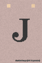 A simulated image of the stitched needlepoint design: Banner 18m Squared J Black on Pink. Not A.I. generated.