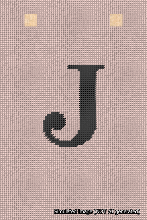 A simulated image of the stitched needlepoint design: Banner 18m Squared J Black on Pink. Not A.I. generated.
