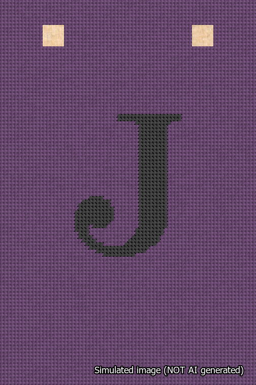 A simulated image of the stitched needlepoint design: Banner 18m Squared J Black on Purple. Not A.I. generated.