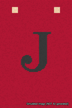 A simulated image of the stitched needlepoint design: Banner 18m Squared J Black on Red. Not A.I. generated.