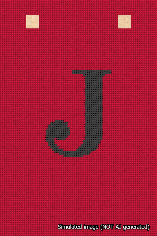 A simulated image of the stitched needlepoint design: Banner 18m Squared J Black on Red. Not A.I. generated.
