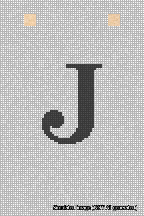 A simulated image of the stitched needlepoint design: Banner 18m Squared J Black on White. Not A.I. generated.