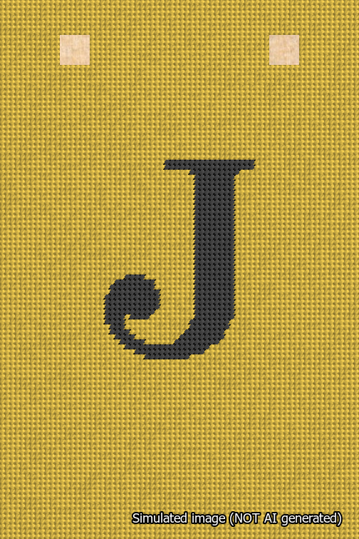 A simulated image of the stitched needlepoint design: Banner 18m Squared J Black on Yellow. Not A.I. generated.