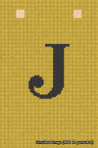 A simulated image of the stitched needlepoint design: Banner 18m Squared J Black on Yellow. Not A.I. generated.
