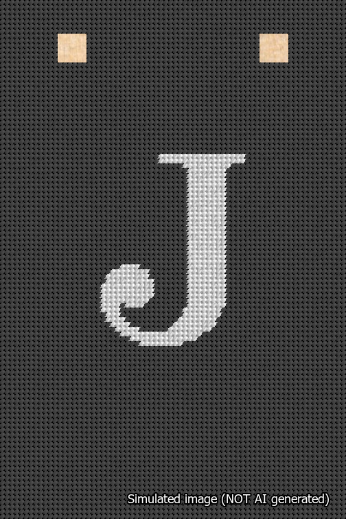 A simulated image of the stitched needlepoint design: Banner 18m Squared J White on Black. Not A.I. generated.