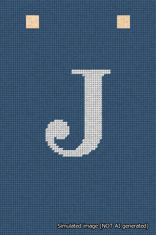 A simulated image of the stitched needlepoint design: Banner 18m Squared J White on Blue. Not A.I. generated.