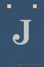 A simulated image of the stitched needlepoint design: Banner 18m Squared J White on Blue. Not A.I. generated.