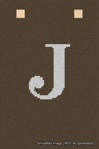 A simulated image of the stitched needlepoint design: Banner 18m Squared J White on Brown. Not A.I. generated.