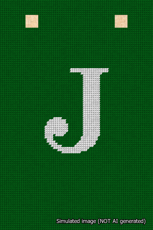 A simulated image of the stitched needlepoint design: Banner 18m Squared J White on Green. Not A.I. generated.