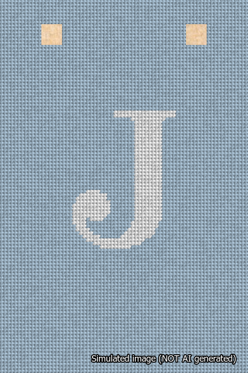 A simulated image of the stitched needlepoint design: Banner 18m Squared J White on Light Blue. Not A.I. generated.