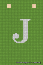 A simulated image of the stitched needlepoint design: Banner 18m Squared J White on Light Green. Not A.I. generated.