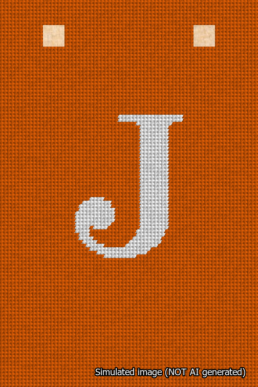 A simulated image of the stitched needlepoint design: Banner 18m Squared J White on Orange. Not A.I. generated.