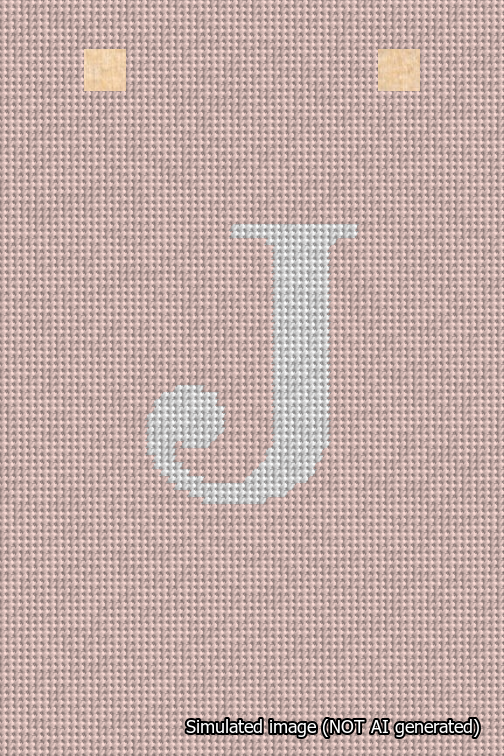 A simulated image of the stitched needlepoint design: Banner 18m Squared J White on Pink. Not A.I. generated.