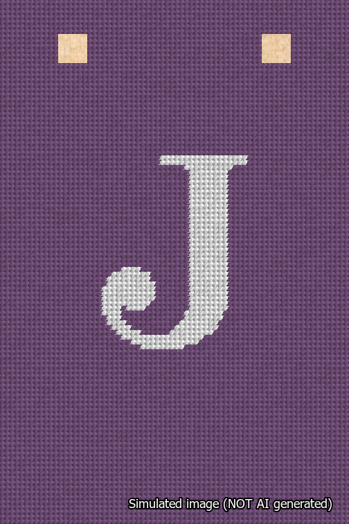 A simulated image of the stitched needlepoint design: Banner 18m Squared J White on Purple. Not A.I. generated.