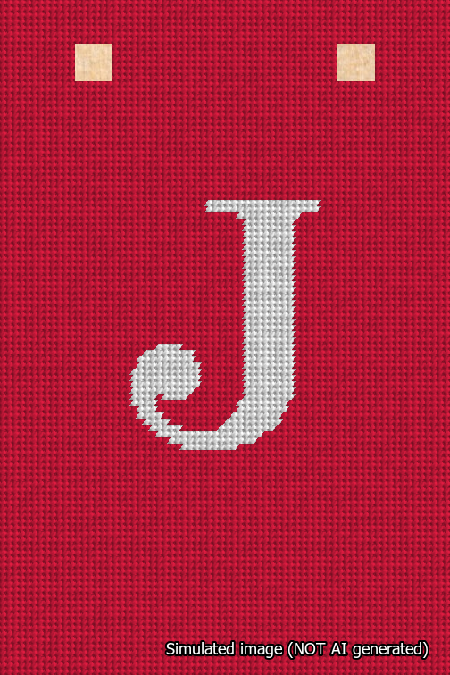 A simulated image of the stitched needlepoint design: Banner 18m Squared J White on Red. Not A.I. generated.