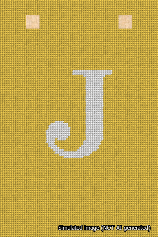 A simulated image of the stitched needlepoint design: Banner 18m Squared J White on Yellow. Not A.I. generated.