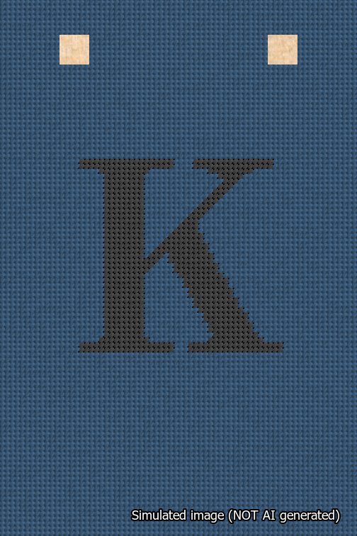 A simulated image of the stitched needlepoint design: Banner 18m Squared K Black on Blue. Not A.I. generated.