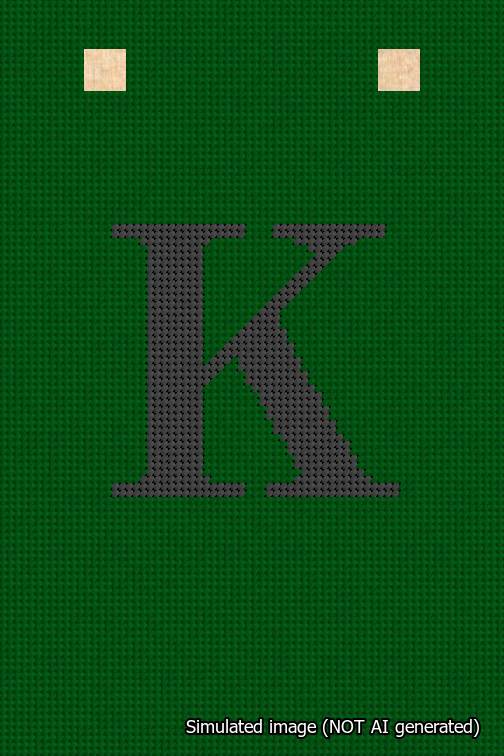 A simulated image of the stitched needlepoint design: Banner 18m Squared K Black on Green. Not A.I. generated.