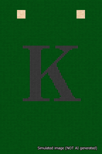 A simulated image of the stitched needlepoint design: Banner 18m Squared K Black on Green. Not A.I. generated.