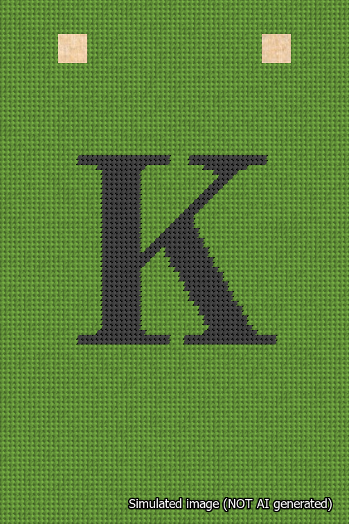 A simulated image of the stitched needlepoint design: Banner 18m Squared K Black on Light Green. Not A.I. generated.
