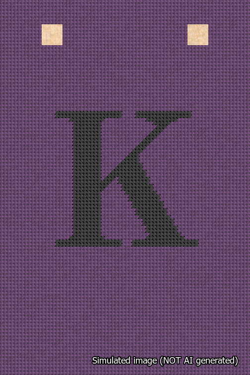 A simulated image of the stitched needlepoint design: Banner 18m Squared K Black on Purple. Not A.I. generated.