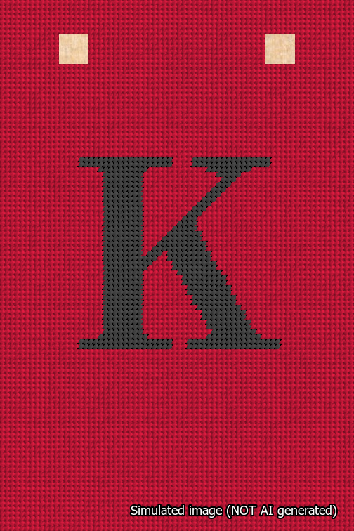 A simulated image of the stitched needlepoint design: Banner 18m Squared K Black on Red. Not A.I. generated.