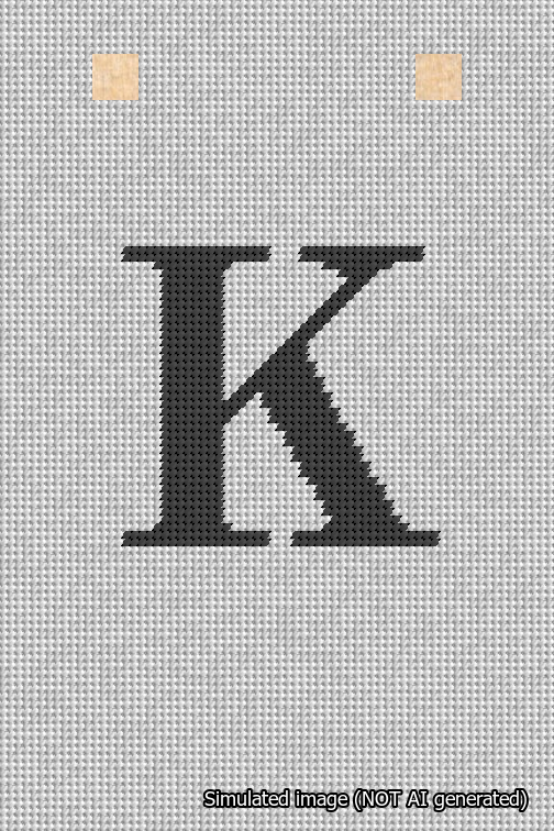 A simulated image of the stitched needlepoint design: Banner 18m Squared K Black on White. Not A.I. generated.