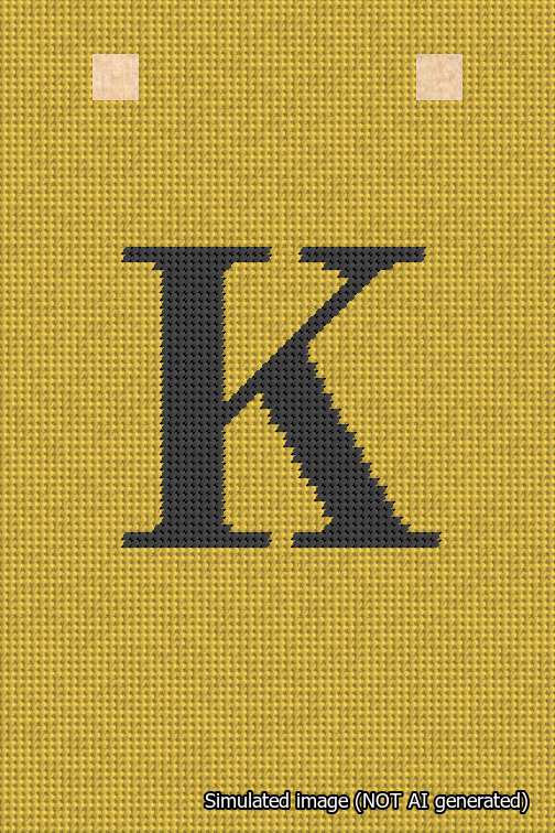 A simulated image of the stitched needlepoint design: Banner 18m Squared K Black on Yellow. Not A.I. generated.