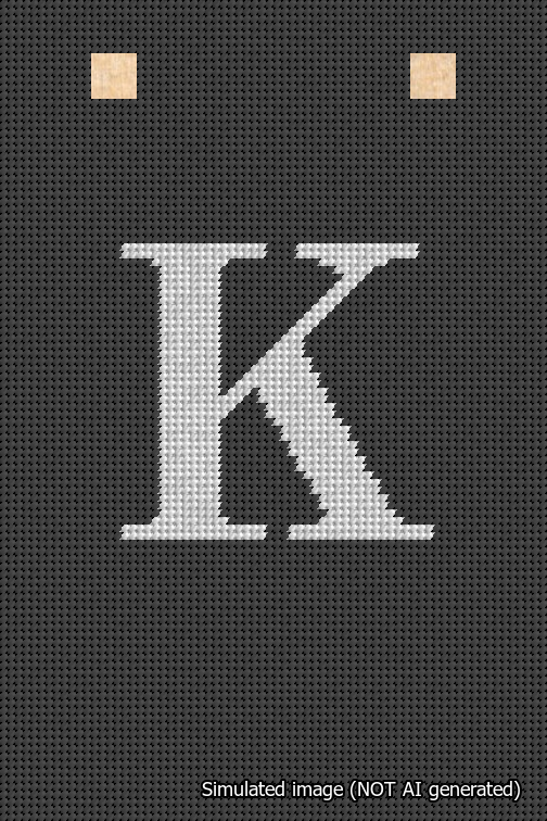 A simulated image of the stitched needlepoint design: Banner 18m Squared K White on Black. Not A.I. generated.