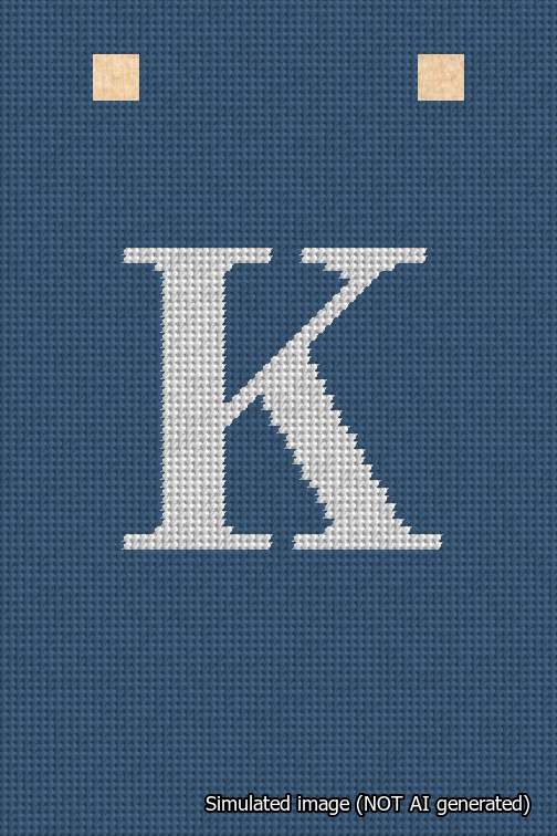 A simulated image of the stitched needlepoint design: Banner 18m Squared K White on Blue. Not A.I. generated.