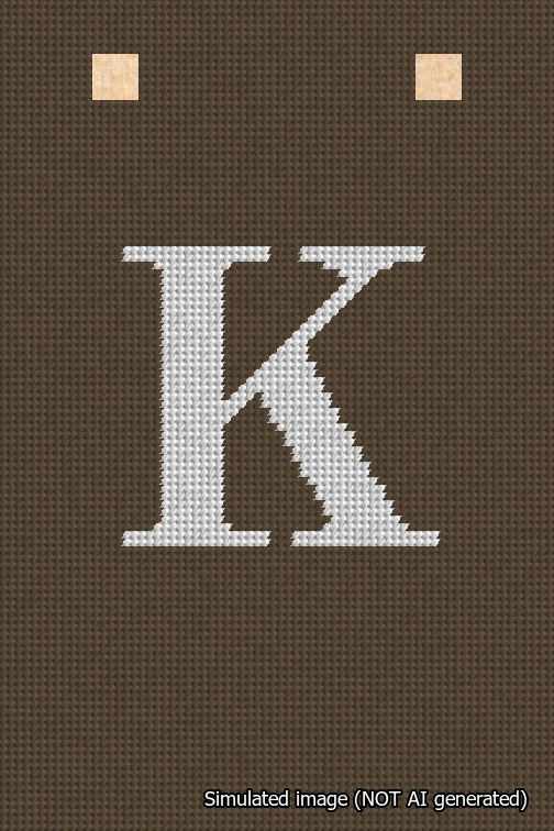 A simulated image of the stitched needlepoint design: Banner 18m Squared K White on Brown. Not A.I. generated.