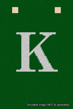 A simulated image of the stitched needlepoint design: Banner 18m Squared K White on Green. Not A.I. generated.