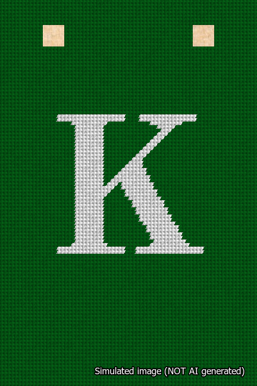 A simulated image of the stitched needlepoint design: Banner 18m Squared K White on Green. Not A.I. generated.