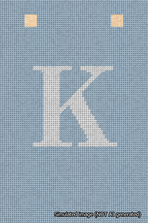 A simulated image of the stitched needlepoint design: Banner 18m Squared K White on Light Blue. Not A.I. generated.