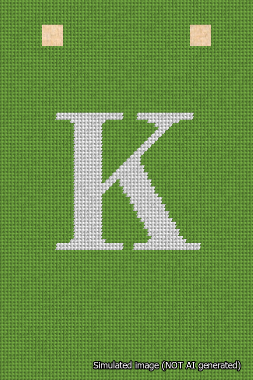 A simulated image of the stitched needlepoint design: Banner 18m Squared K White on Light Green. Not A.I. generated.