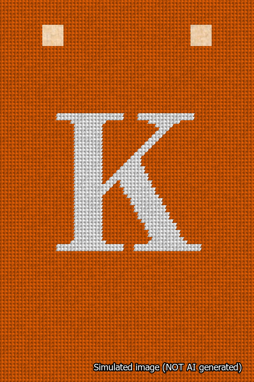 A simulated image of the stitched needlepoint design: Banner 18m Squared K White on Orange. Not A.I. generated.