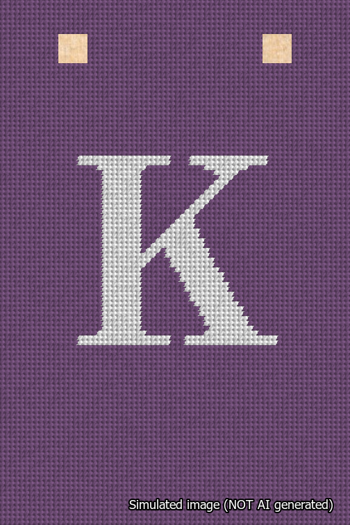 A simulated image of the stitched needlepoint design: Banner 18m Squared K White on Purple. Not A.I. generated.