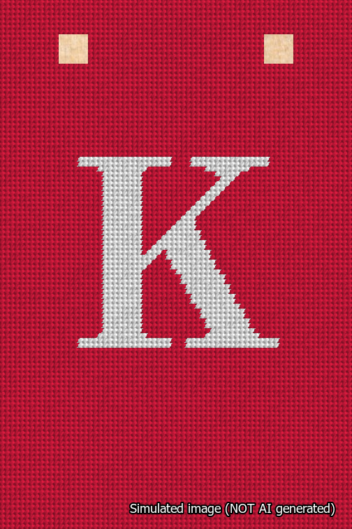 A simulated image of the stitched needlepoint design: Banner 18m Squared K White on Red. Not A.I. generated.