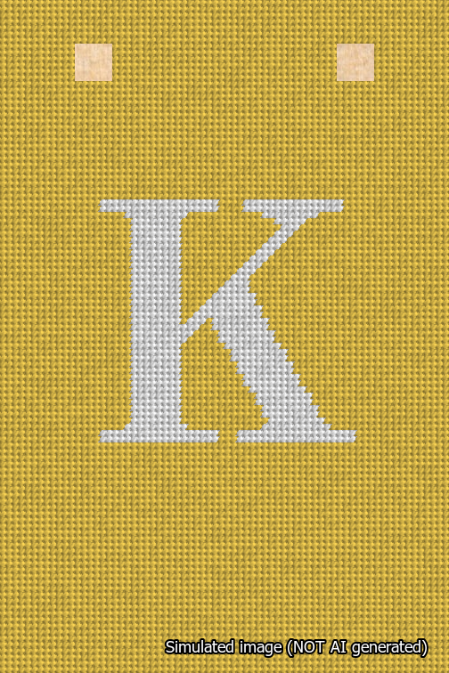 A simulated image of the stitched needlepoint design: Banner 18m Squared K White on Yellow. Not A.I. generated.