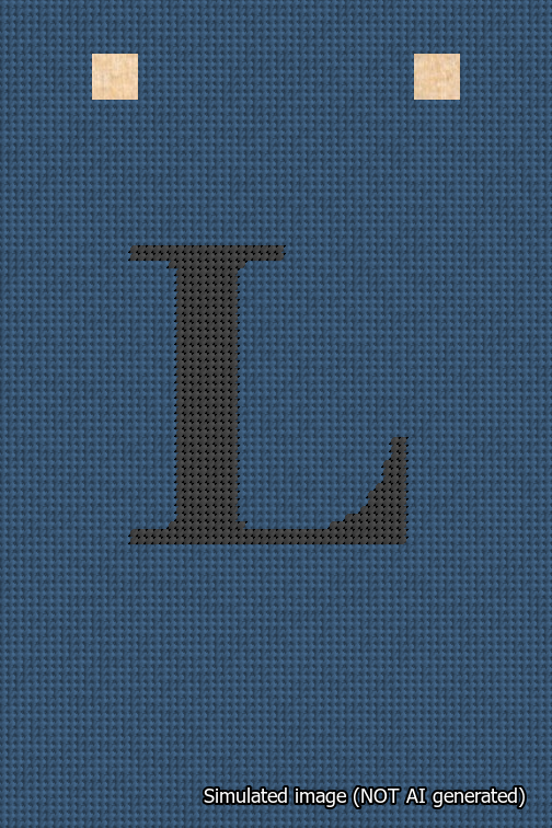 A simulated image of the stitched needlepoint design: Banner 18m Squared L Black on Blue. Not A.I. generated.