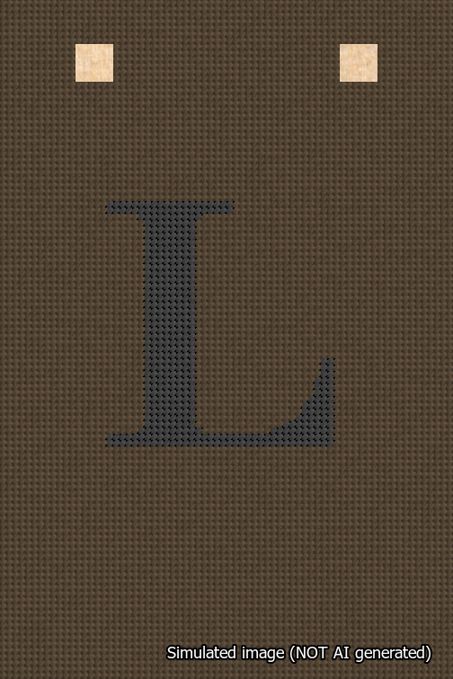 A simulated image of the stitched needlepoint design: Banner 18m Squared L Black on Brown. Not A.I. generated.