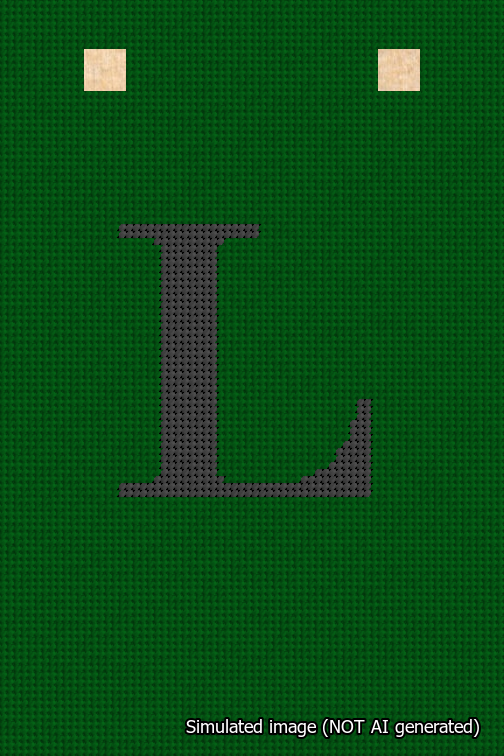 A simulated image of the stitched needlepoint design: Banner 18m Squared L Black on Green. Not A.I. generated.