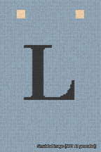 A simulated image of the stitched needlepoint design: Banner 18m Squared L Black on Light Blue. Not A.I. generated.