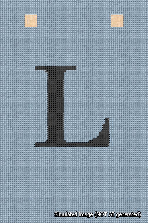 A simulated image of the stitched needlepoint design: Banner 18m Squared L Black on Light Blue. Not A.I. generated.