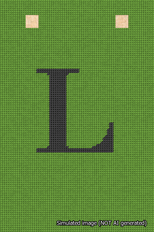 A simulated image of the stitched needlepoint design: Banner 18m Squared L Black on Light Green. Not A.I. generated.