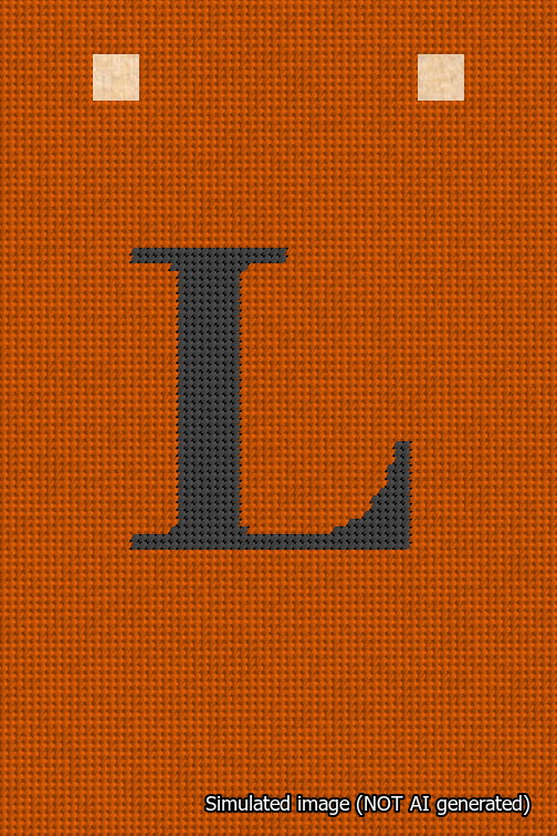A simulated image of the stitched needlepoint design: Banner 18m Squared L Black on Orange. Not A.I. generated.