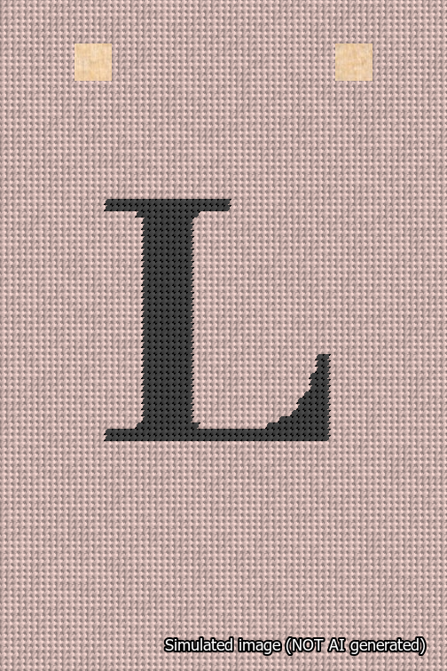 A simulated image of the stitched needlepoint design: Banner 18m Squared L Black on Pink. Not A.I. generated.