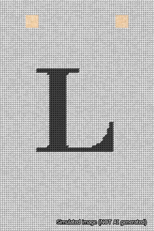 A simulated image of the stitched needlepoint design: Banner 18m Squared L Black on White. Not A.I. generated.