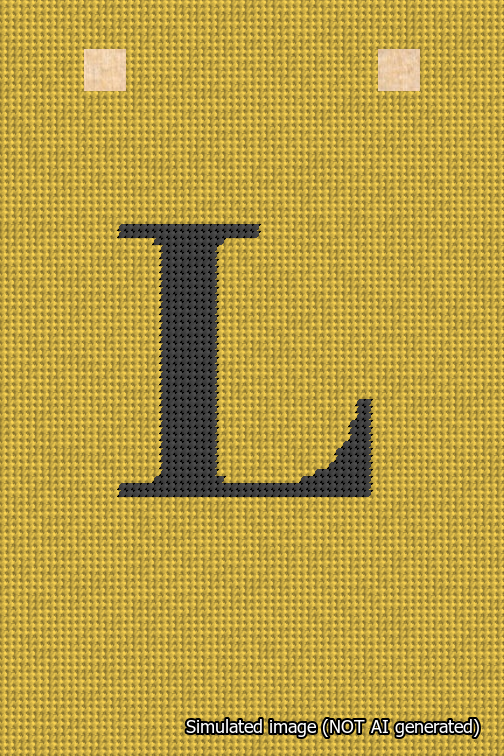 A simulated image of the stitched needlepoint design: Banner 18m Squared L Black on Yellow. Not A.I. generated.
